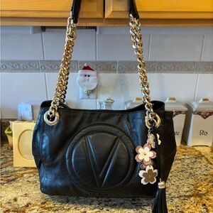 Valentino Black Leather Shoulder Bag with Gold Chain